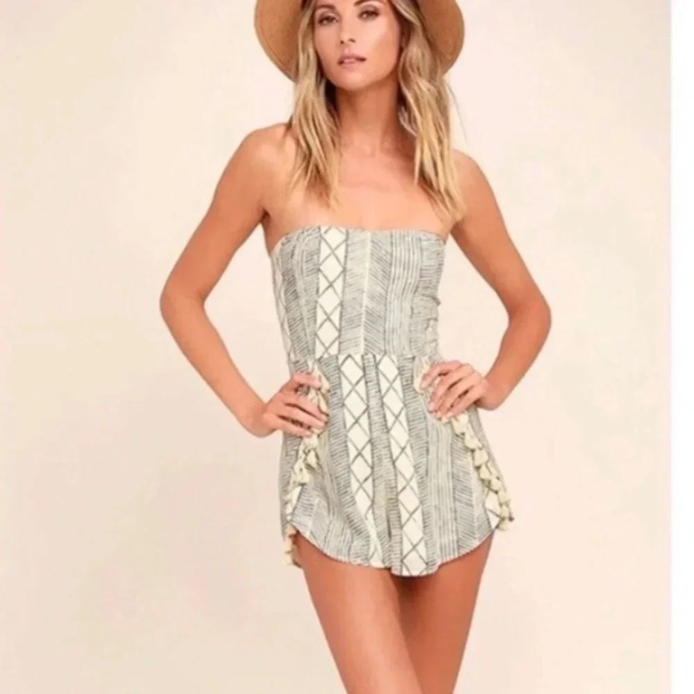Amuse Society Black/white Printed Tassel Romper